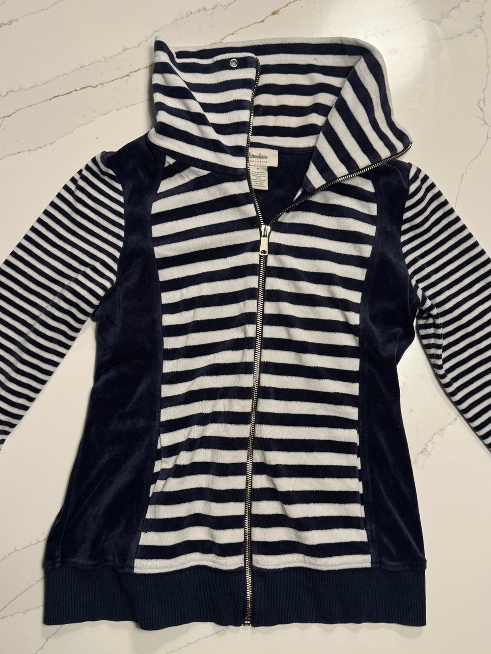 Neiman Marcus VELVET Navy and White Striped Zip Jacket